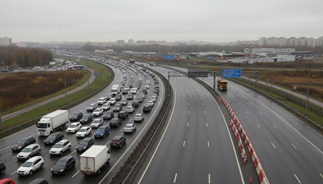 На юге КАД встала пробка почти в 9 км — виноват перекрытый съезд у Шушар