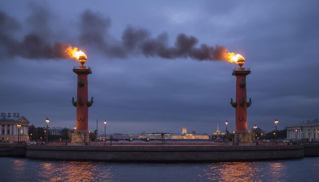 На Стрелке Васильевского острова зажгли факелы Ростральных колонн
