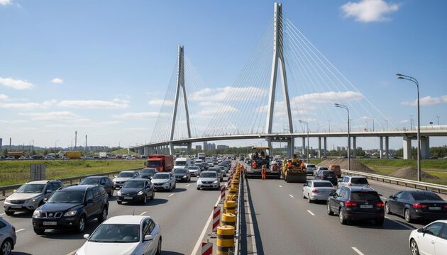 На КАД у вантового моста ремонт — водители встают в пробки