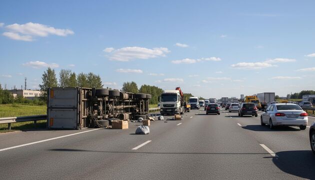 На КАД перевернулась фура из-за лопнувшего колеса — три полосы перекрыты